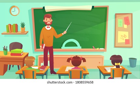 Male Teacher Teaches Students In Elementary School Class. Education Teacher Stay At Blackboard, Teaching And Learning In Classroom.  Illustration