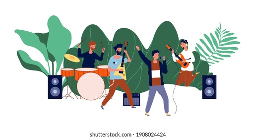 Male team concert. Boys band, men musicians or pop group. Open air rock festival, music event illustration - Powered by Shutterstock