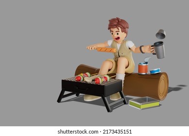 Male Tourist Grilling Barbecue Eating In The Forest. 3D Render Illustration