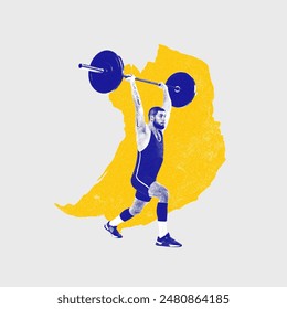 Male weightlifter lifting barbell against white background with yellow abstract elements, Fitness center promotions. Contemporary art collage. Sport, weightlifting, power, strength, ad concept - Powered by Shutterstock