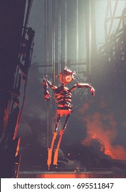 Malfunctioning Robot Puppet Hanging On Strings In Foundry, Digital Art Style, Illustration Painting