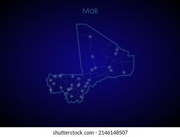 Mali Concept Map With Glowing Cities And Network Covering The Country, Map Of Mali Suitable For Technology Or Innovation Or Internet Concepts.