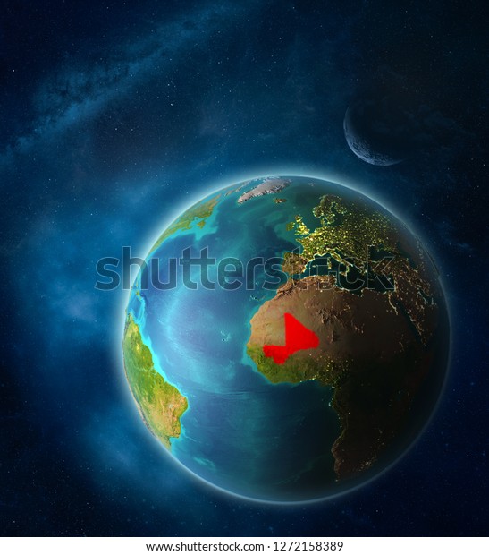 Mali from space on
planet Earth in space with Moon and Milky Way. Extremely fine
detail of planet surface. 3D illustration. Elements of this image
furnished by NASA.