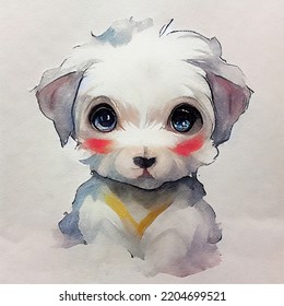 Maltese. Adorable Puppy Dog. Watercolor Illustration With Color Spots. All Dog Breeds