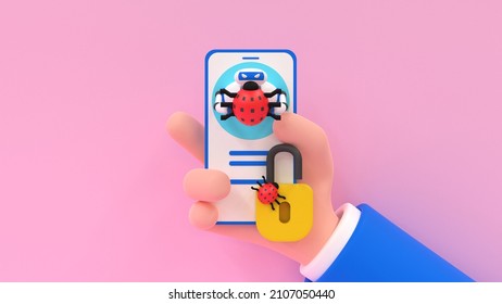 Malware Bot. Cartoon Human Hand Holding Smartphone With Evil Robot And Bugs.Concept Of Smart Device Security. 3d Render Illustration.