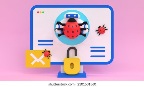 Malware Bot. Computer Monitor With Evil Robot Holding A Bug. Cybersecurity Concept. 3d Render Illustration. 