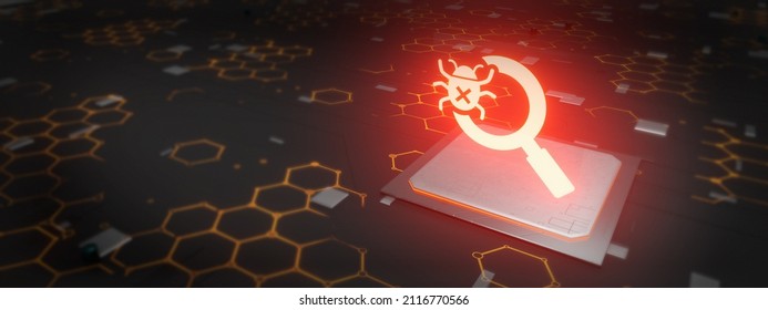 Malware bug in target with magnifier. Scanning Network Vulnerability Virus Malware Ransomware Fraud Spam Phishing Email Scam Hacker Attack IT Security Concept.3D Illustration