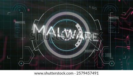 Malware text image over digital interface with circular and grid elements. Cybersecurity, hacking, virus, data breach, digital security, cyber attack