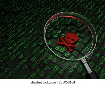 Malware, Virus, Ransomware, Red Skull Laying On Hex Data.