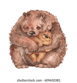 Mama Bear And Baby Bear. Watercolor Illustration. Handmade Drawing.