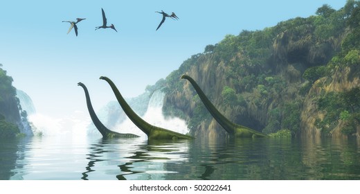 Mamenchisaurus Dinosaur Foggy Day 3D Illustration - Two Mamenchisaurus dinosaur adults escort a youngster across a river as Pterodactylus birds search for fish prey.