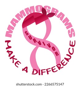 Mammograms Make A Difference circle text with pink breast cancer awareness ribbon and bold red “survivor” text on ribbon. This is a simple but symbolic design to raise awareness for early detection. - Powered by Shutterstock