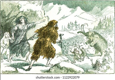 A mammoth hunt in the glacial period, vintage engraved illustration. From Natural Creation and Living Beings.