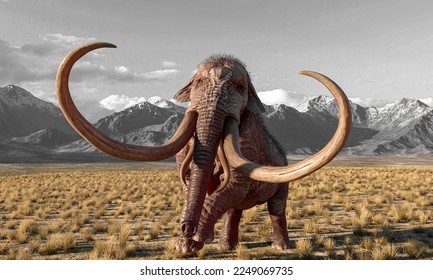 mammoth is ready to attack in plains and mountains, 3d illustration