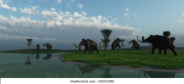 Mammoths in a prehistoric field.