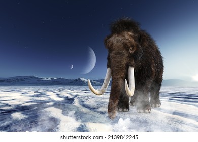 Mammoths walk through the icy land with the moon in view, with mountains in the background.3D illustration 3D rendering