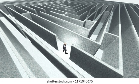 Man in 3D maze labyrinth. 3D rendering