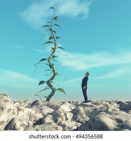 Man Admiring A Huge Beanstalk. This Is A 3d Render Illustration
