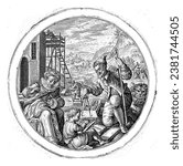 The Man at the Age of Forty, Crispijn van de Passe (I), 1574 - 1637 An architect kneels and draws with his compass, in his left hand he holds a measuring instrument.