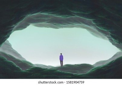 Man Alone In Cave, Lonely, Depression, Sad, Surreal Painting Illustration, Artwork