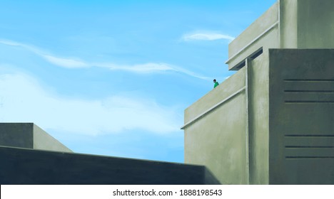 Man Alone With In City With Blue Sky, Minimal Artwork, Building 3d Illustration, Abstract Architecture Background