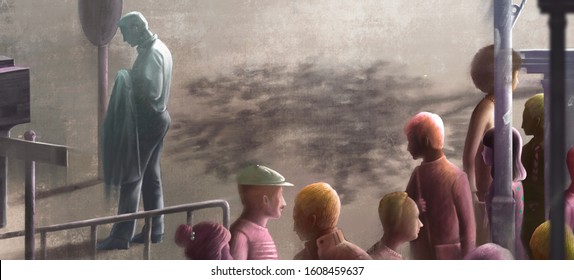 Man alone in the crowd in the city, surreal painting, sad, lonely, loneliness, depression, contrast, different