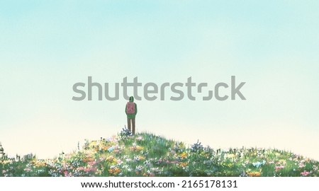 A man alone in flower field. Concept art of happiness, lonely, hope, travel and summer, Conceptual painting. 3d illustration. surreal artwork.