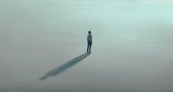 Man Alone With The Light. Surreal Painting Hope Lonely And Loneliness Concept. Minimal Illustration