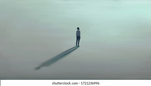 Man alone with the light. Surreal painting hope lonely and loneliness concept. minimal illustration