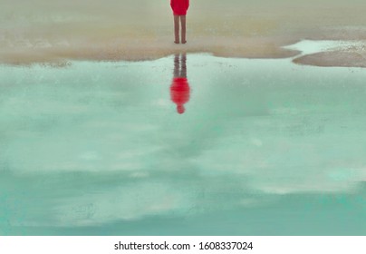 Man alone with the sea, sad, depression, loneliness concept, surreal painting