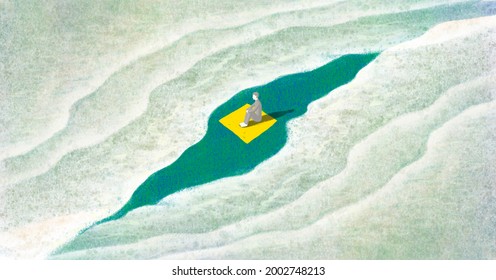 A Man Alone With A Surreal Sea, Sadness Depression Solitude Loneliness Lost And Sorrow Concept Art, Conceptual Painting, Graphic Design Minimal Style, Imagination Landscape