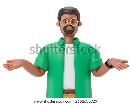 A man with arms spread, symbolizing openness or confusion. 3D rendering, conceptual image. Isolated on white background.