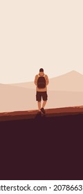 a man with a backpack on his back walks through the desert to the sandy mountains, orange color, sunset in the hills, the journey of a young guy, a hike in the park