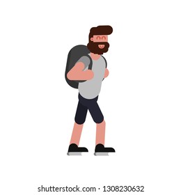 Man with backpack walking.   illustration,    