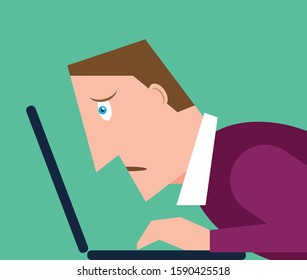 Man with bad eyesight having difficulty reading small type on a computer