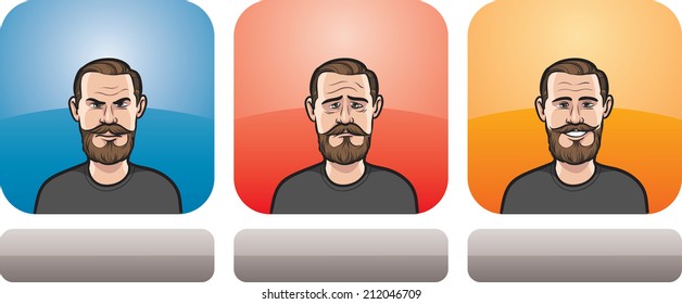 Man With Beard And Mustaches Face In Three Expressions: Neutral, Sad And Happy