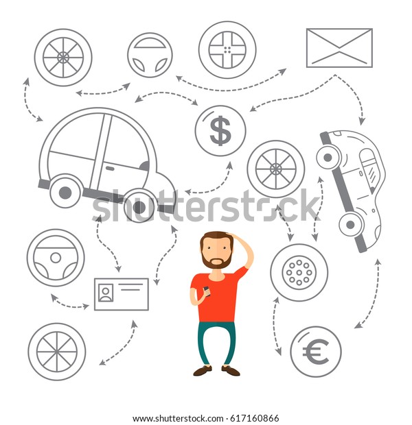 The man\
with a beard thinking of choice. Decision concept. Vector flat\
design illustration.buys a car and can not\
choose