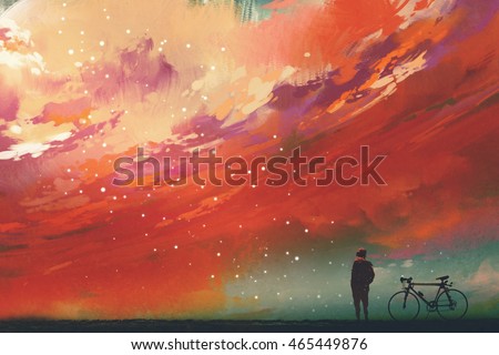 man with bicycle standing against red clouds in the sky,illustration,digital painting