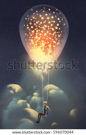 man and big balloon with glowing stars inside floating in the sky at night,illustraion painting