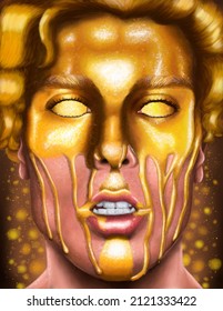 Man Blinded By The Dripping Hot Melted Gold Going Down His Face And Creating Golden Tears.