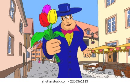 A Man In A Blue Tuxedo And A Tulip Hat