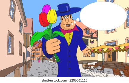 A Man In A Blue Tuxedo And A Tulip Hat