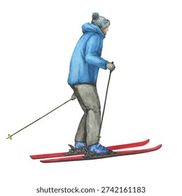 A man in a blue winter jacket and gray pants skis on red skis. Hand drawn watercolor painting illustration isolated on white background
