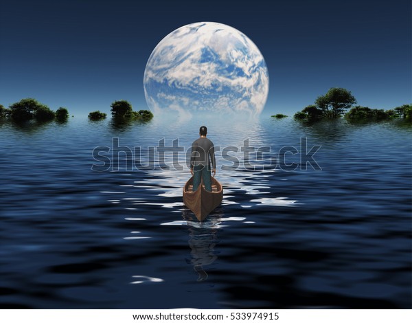 Man in boat with blue Planet\
on the horizon  3D Render  Some elements provided courtesy of\
NASA\
