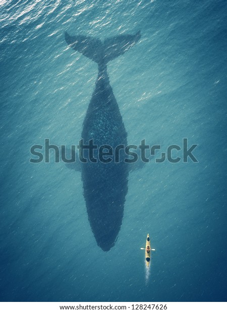 船の中の人は 大きな魚 鯨の隣に浮かぶ のイラスト素材