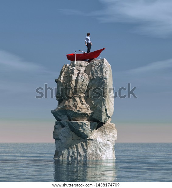 Man in a boat stuck on a big rock\
in the middle of the ocean. This is a 3d render\
illustration