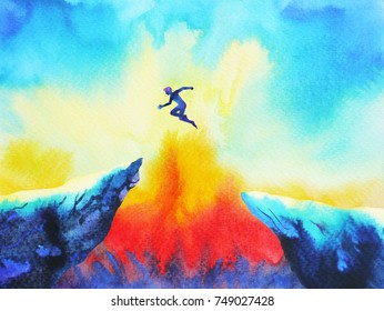 Man Body Human Jumping Leap Cross Across Over Cliff Gap Hole To Success Abstract Mind Mental Spiritual Energy Positive Thinking Fighting New Business Plan Art Watercolor Painting Illustration Design