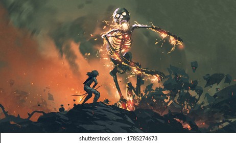 man with a bow fighting with a flaming skeleton, digital art style, illustration painting