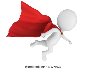 Man brave superhero with red cloak flying forward. Isolated on white 3d render.