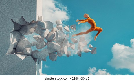 Man Breaks Free . Mindset Change And Escape Comfort Zone Concept . This Is A 3d Render Illustration . 